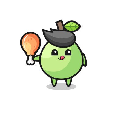 guava şirin maskotu kızarmış tavuk yiyor. Tişört, çıkartma, logo elementi için şirin bir tasarım.