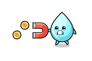 Su damlası karakteri altın sikkeleri yakalamak için bir mıknatıs tutar, tişört, çıkartma, logo elementi için şirin bir tasarım