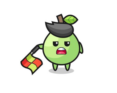 çizgi hakemi olarak guava karakteri bayrağı 45 derecelik açıyla tutun, tişört, etiket, logo elementi için şirin bir tasarım