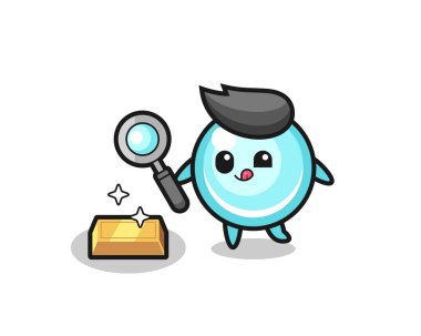 Balon karakteri altın külçesinin gerçekliğini kontrol ediyor, tişört, etiket, logo elementi için şirin bir tasarım.