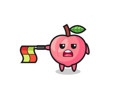 Çizgi hakemi olarak şeftali karakteri bayrağı yatay tutun, tişört, etiket, logo ögesi için şirin bir tasarım yapın