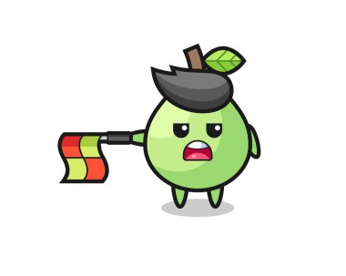 çizgi hakemi olarak guava karakteri bayrağı yatay tut, tişört, etiket, logo ögesi için şirin tasarım