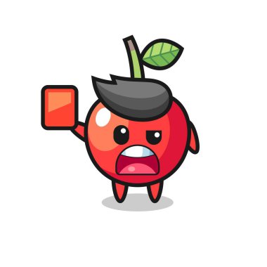 Hakemin kırmızı kart verdiği vişne rengi maskot tişört, etiket ve logo için şirin bir tasarım.