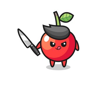 Şirin vişne maskotu elinde bıçak tutan bir psikopat tişört, çıkartma ve logo elementi için şirin bir tasarım.