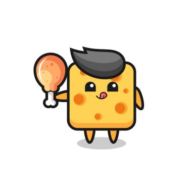 Peynirli şirin maskot kızarmış tavuk yiyor. Tişört, çıkartma, logo elementi için şirin bir tasarım.
