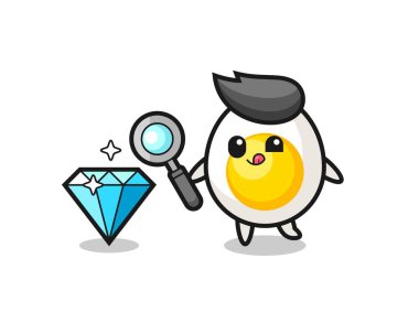 Haşlanmış yumurta maskotu elmasın orijinalliğini kontrol ediyor. Tişört, çıkartma, logo elementi için şirin bir tasarım.