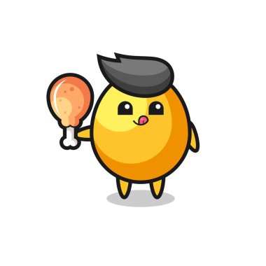 Altın yumurta maskotu kızarmış tavuk yiyor. Tişört, çıkartma, logo elementi için şirin bir tasarım.
