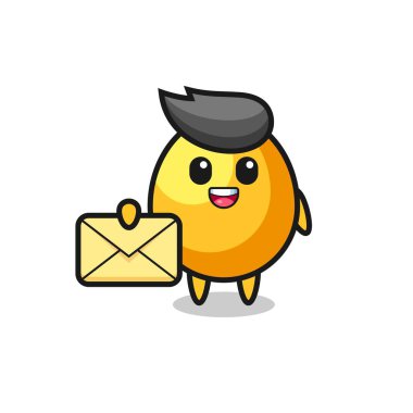 Sarı bir harf taşıyan altın yumurta karikatürü. Tişört, çıkartma, logo elementi için şirin bir tasarım.