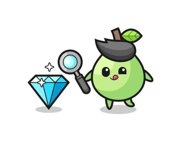 guava maskotu elmasın orijinalliğini kontrol ediyor. Tişört, çıkartma, logo elementi için şirin bir tasarım.