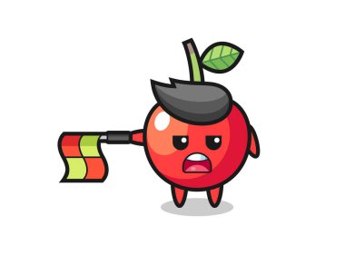 Çizgi hakemi olarak kiraz rengi karakter bayrağı yatay tut, tişört, etiket, logo ögesi için şirin bir tasarım yap