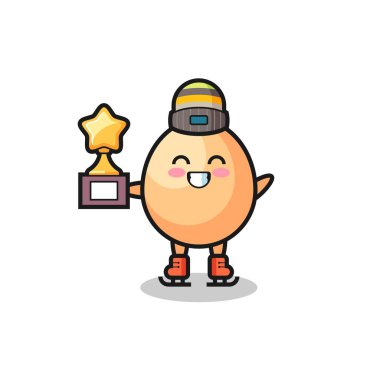 Yumurta karikatürü buz patencisi. Kazanan kupa. Tişört, çıkartma, logo elementi için şirin bir tasarım.