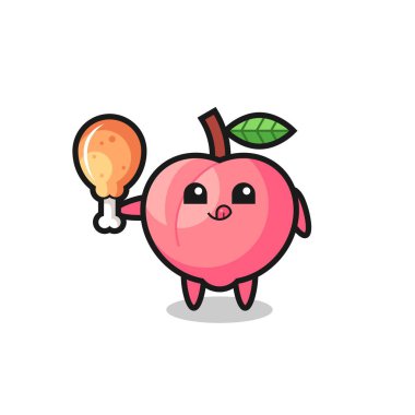 Şeftali rengi maskot kızarmış tavuk yiyor. Tişört, çıkartma, logo elementi için şirin bir tasarım.