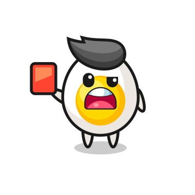 Hakem olarak kaynamış yumurta maskotu kırmızı kart veriyor. Tişört, çıkartma, logo elementi için şirin bir tasarım.