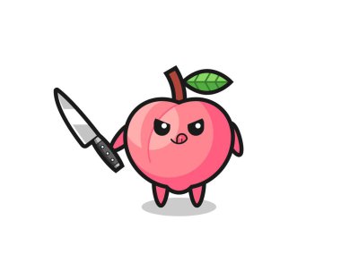 Şirin şeftali maskotu elinde bıçak tutan bir psikopat. Tişört, çıkartma, logo elementi için şirin bir tasarım.