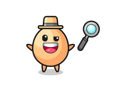 Bir davayı çözen bir dedektif olarak yumurta maskotunun çizimi, tişört, çıkartma, logo elementi için şirin bir tasarım.