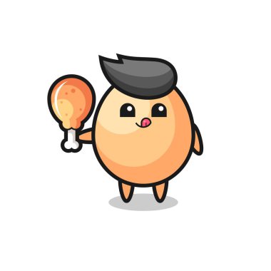 Yumurta tatlısı maskot kızarmış tavuk yiyor. Tişört, çıkartma, logo elementi için şirin bir tasarım.