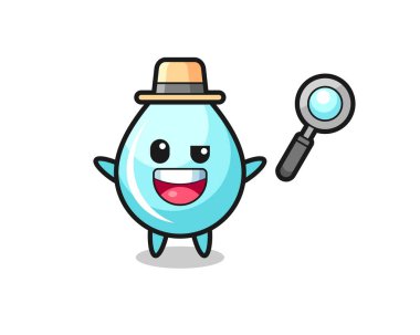 Su damlası maskotunun bir davayı çözen bir dedektif olarak tasviri. Gömlek, çıkartma, logo elementi için şirin bir tasarım.