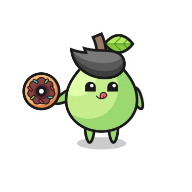 Tişört, etiket, logo elementi için tatlı bir tasarım olan donut yiyen guava karakterinin resmi