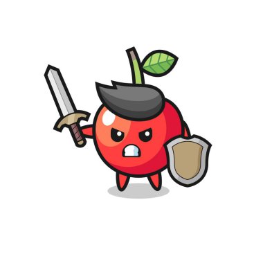 Şirin vişneli asker kılıçla ve kalkanla savaşıyor. Tişört, çıkartma, logo elementi için şirin bir tasarım.