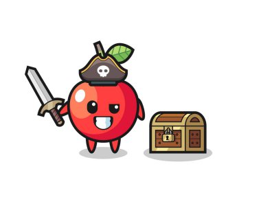 Hazine kutusunun yanında kılıç tutan kiraz rengi korsan karakteri. Tişört, çıkartma, logo elementi için şirin bir tasarım.