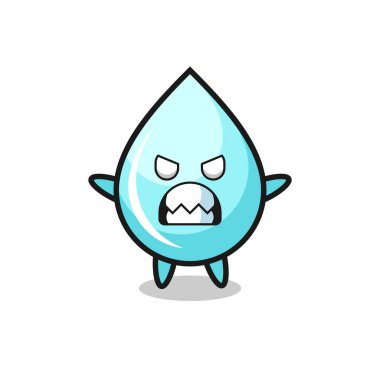 Su damlası maskot karakterinin öfkeli ifadesi, tişört, etiket, logo elementi için şirin bir tasarım.