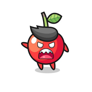 Çok kızgın bir duruşta şirin bir vişne çizgi filmi, tişört, çıkartma, logo elementi için şirin bir tasarım.