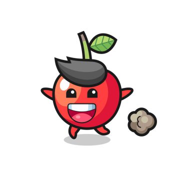 Koşu pozlu mutlu kiraz çizgi filmi, tişört, etiket, logo elementi için şirin bir tasarım.