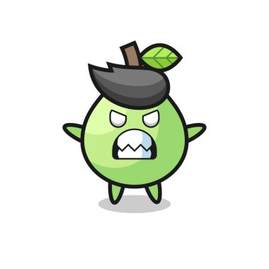 Guava maskotu karakterinin öfkeli ifadesi, tişört, çıkartma, logo elementi için şirin bir tasarım.