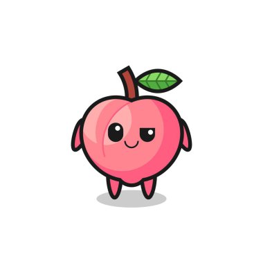 Şeftali çizgi filmi kibirli bir ifadeyle, tişört, etiket, logo elementi için şirin bir tasarım