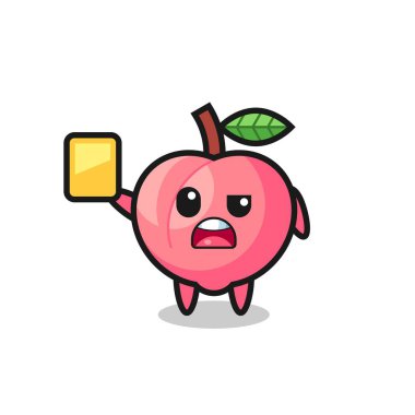 Futbol hakemi olarak çizgi film şeftalisi karakteri sarı kart veriyor, tişört, çıkartma, logo elementi için şirin bir tasarım.