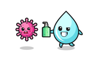 Su damlası karakteri el dezenfektanı ile kötü virüsü kovalıyor tişört, çıkartma, logo elementi için şirin bir tasarım.
