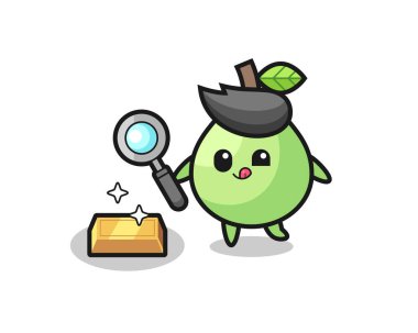 guava karakteri altın külçesinin orijinalliğini kontrol ediyor, tişört, etiket, logo elementi için şirin bir tasarım.