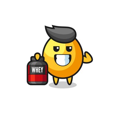 Kaslı altın yumurta karakteri bir protein takviyesi tutuyor. Tişört, çıkartma, logo elementi için şirin bir tasarım.
