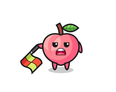 çizgi hakemi olarak şeftali karakteri bayrağı 45 derecelik açıyla tutun, tişört, etiket, logo elementi için şirin bir tasarım