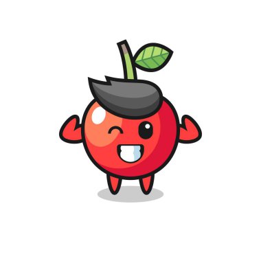 Kaslı kiraz karakteri kaslarını gösteriyor. Tişört, çıkartma, logo elementi için şirin bir tasarım.