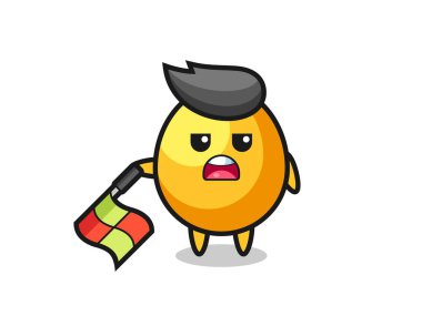 Altın yumurta karakteri çizgi hakemi olarak bayrağı 45 derecelik açıyla aşağıda tut, tişört, çıkartma, logo elementi için şirin bir tasarım.