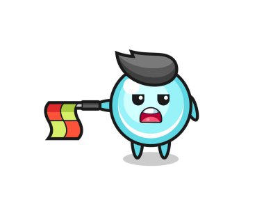 çizgi yargıcı olarak balon karakteri bayrağı yatay tutun, tişört, etiket, logo ögesi için şirin tasarım