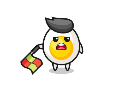 Hat yargıcı olarak haşlanmış yumurta karakteri bayrağı 45 derecelik açıyla tutun, tişört, çıkartma, logo elementi için şirin bir tasarım yapın.