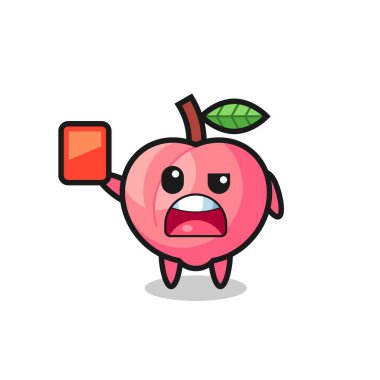 Hakem olarak şeftali rengi maskot kırmızı kart veriyor. Tişört, çıkartma, logo elementi için şirin bir tasarım.