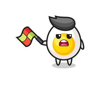 Haşlanmış yumurta karikatürü jürisi bayrağı 45 derecelik açıyla kaldırıyor, tişört, çıkartma, logo elementi için şirin bir tasarım.