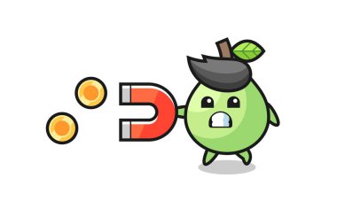 Guava karakteri altın sikkeleri yakalamak için bir mıknatıs tutar, tişört, çıkartma, logo elementi için şirin bir tasarım.