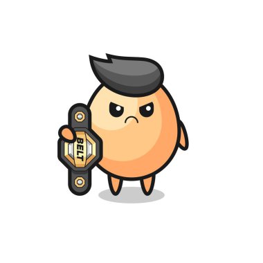 Yumurta maskotu karakteri şampiyon kemeri olan bir MMA dövüşçüsü tişört, çıkartma ve logo elementi için şirin bir tasarım.