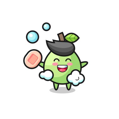 guava karakteri sabun tutarken banyo yapıyor, tişört, etiket, logo elementi için şirin bir tasarım.