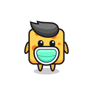 Maske takan sevimli bir peynir karikatürü, tişört, çıkartma, logo elementi için şirin bir tasarım.