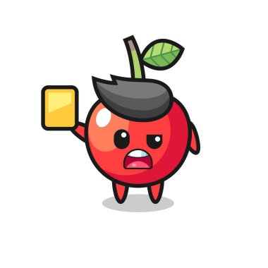 Futbol hakemi olarak kiraz rengi çizgi film karakteri sarı kart veriyor, tişört, çıkartma, logo elementi için şirin bir tasarım.