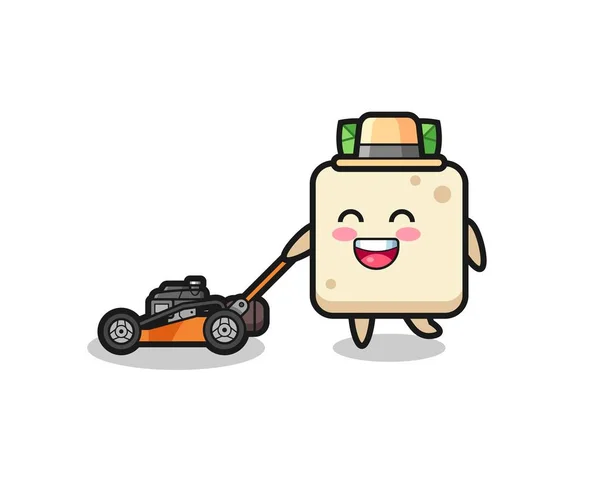 Illustration Tofu Character Using Lawn Mower Cute Style Design Shirt — Stock Vector