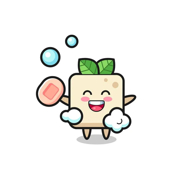 Tofu Karakteri Sabun Tutarken Banyo Yapıyor Tişört Etiket Logo Elementi — Stok Vektör