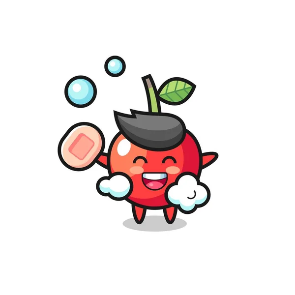 Karakter Cherry Sedang Mandi Sambil Memegang Sabun Desain Gaya Lucu - Stok Vektor