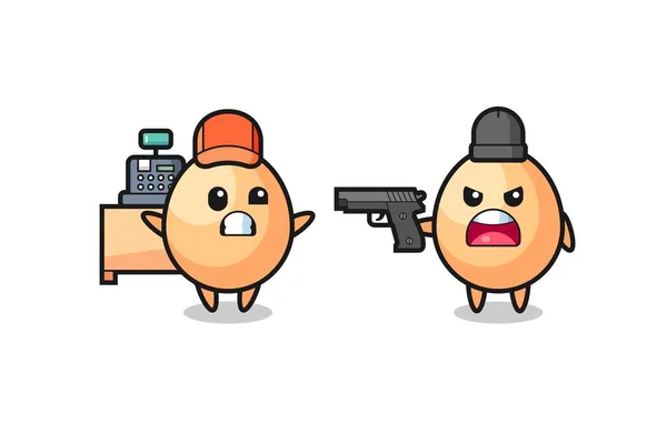 Illustration Cute Egg Cashier Pointed Gun Robber Cute Style Design — Stock Vector