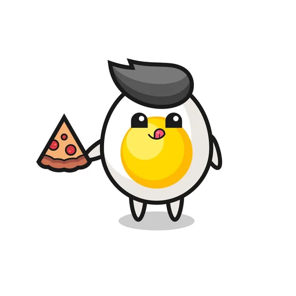 Lindo Huevo Hervido Dibujos Animados Comer Pizza Lindo Diseño Estilo — Vector de stock